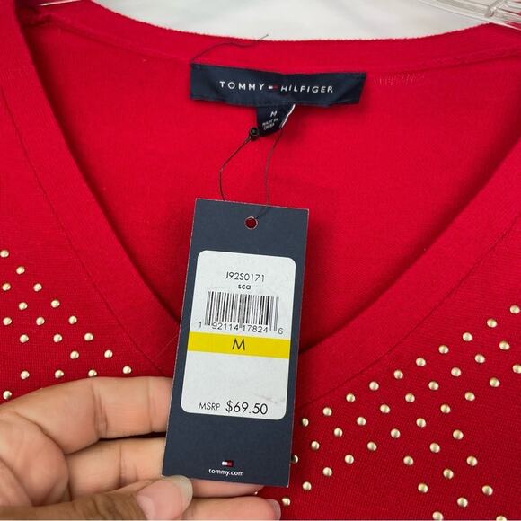 Tommy Hilfiger red long sleeve with gold studded sweater size Medium - Picture 8 of 12